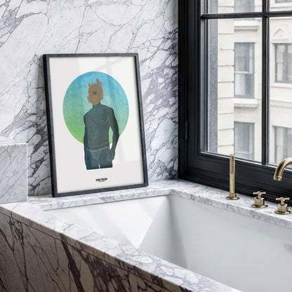 A framed art print featuring a stylized male figure, wearing a pup mask against a blue and green circular background, leaning against a white and gray marble wall next to a window with a brass faucet.