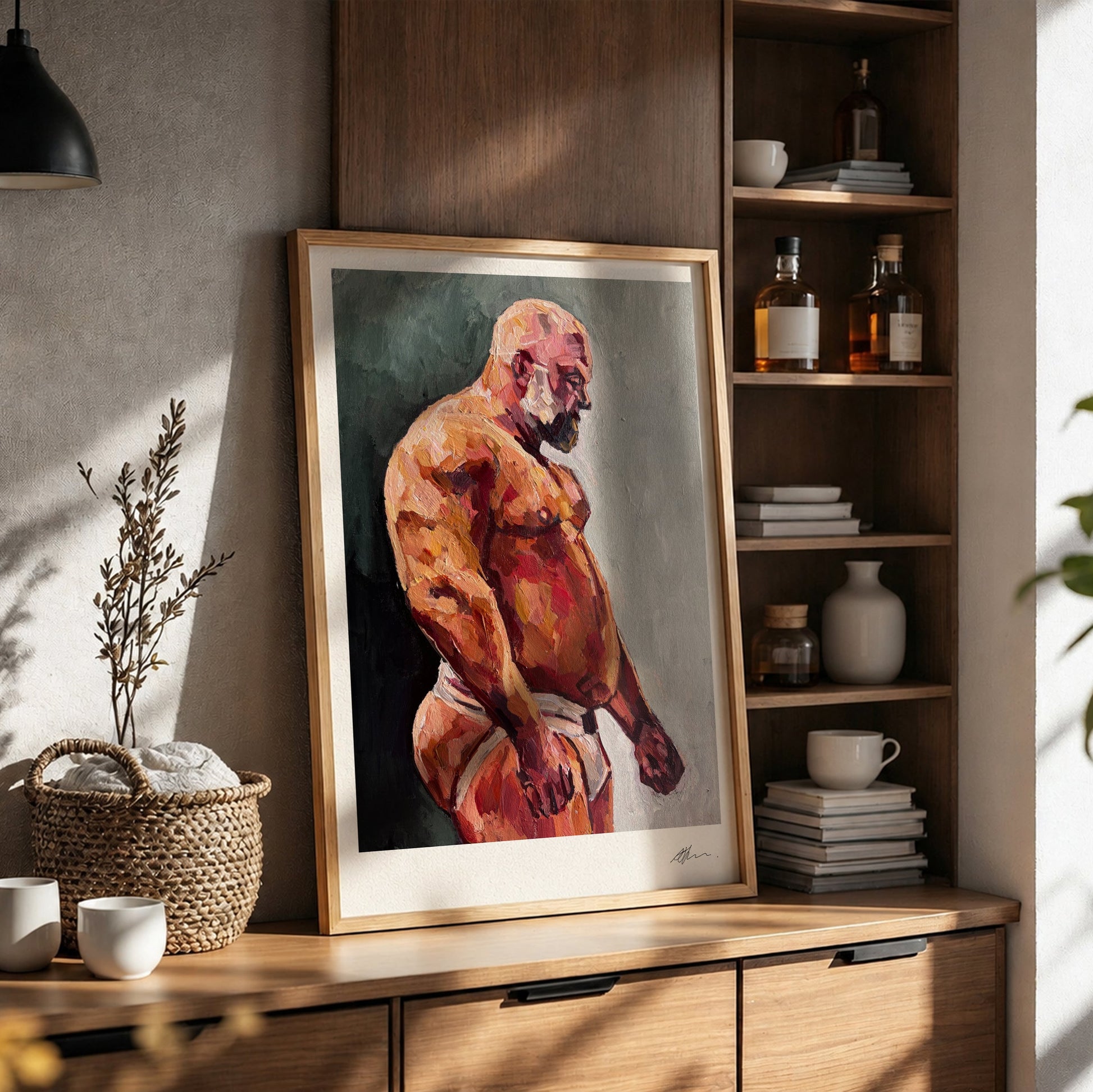 Framed artwork of a muscular figure on a wooden shelf with books and decor.