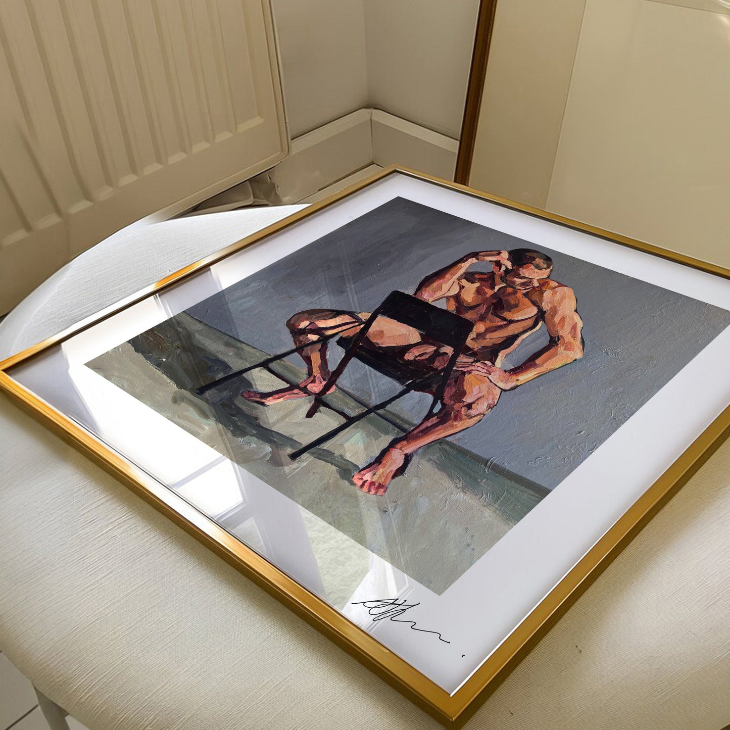 Johnny astride a chair (2025) by Andy Sylvester