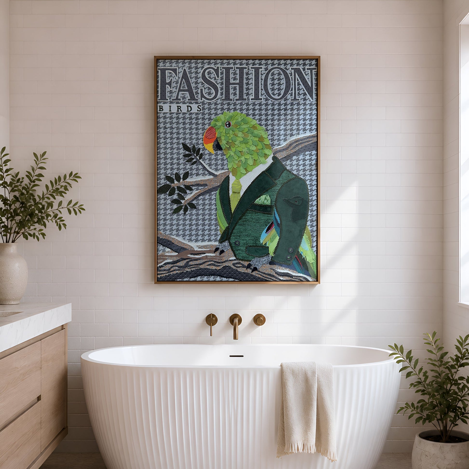 A framed art print featuring a green parrot in a suit styled like a vintage fashion magazine cover, hanging on a white shiplap wall above a freestanding white tub in a bright bathroom.