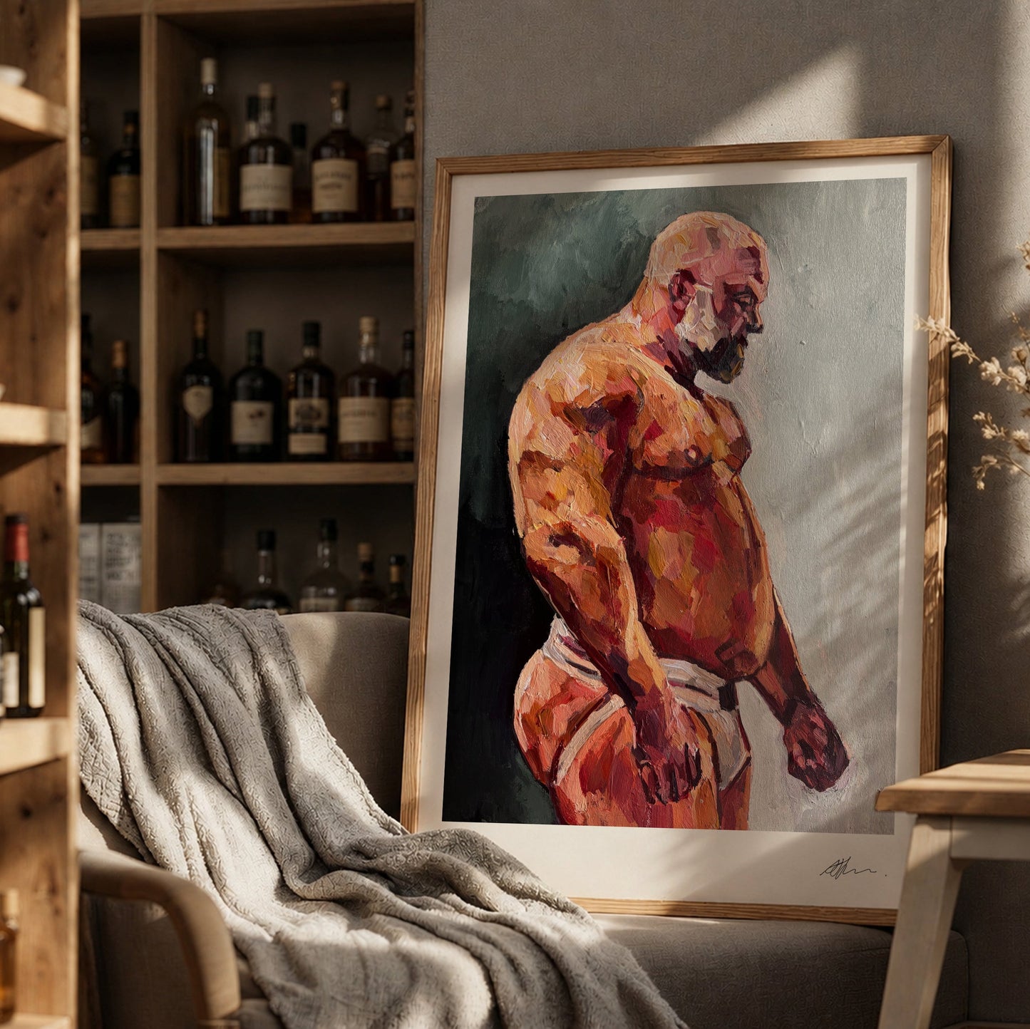 Framed artwork of a muscular figure in a room with wooden shelves and decor.