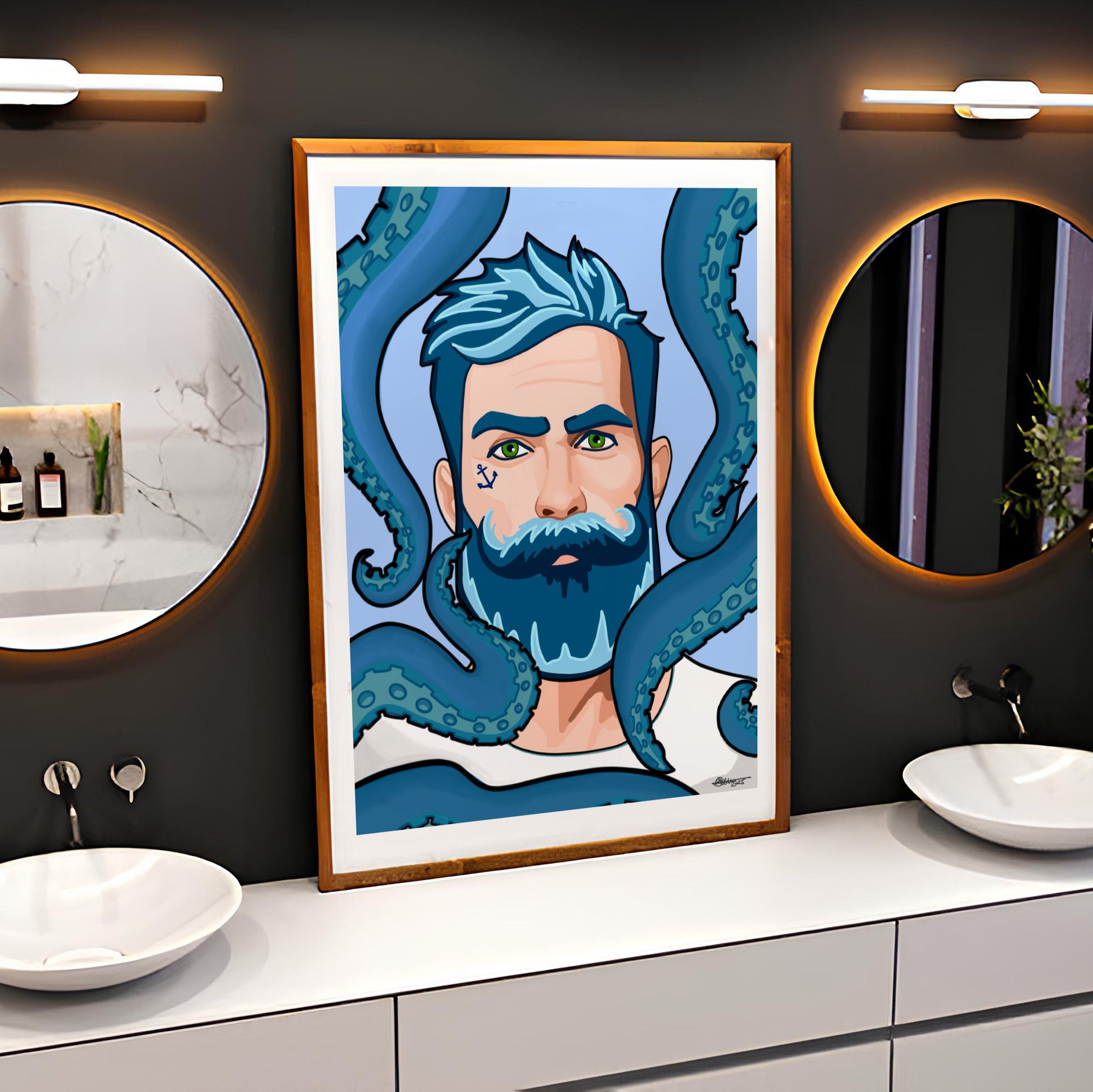 A framed vertical art print featuring a stylized blue portrait of a bearded man with tentacles, displayed on a dark bathroom wall above a double-sink vanity with mirrors and wall lights.