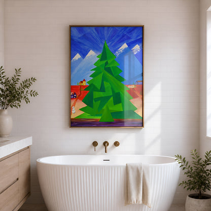 A colorful framed art print of a stylized green pine tree and mountains hangs on a white brick wall above a freestanding white bathtub in a bright bathroom.