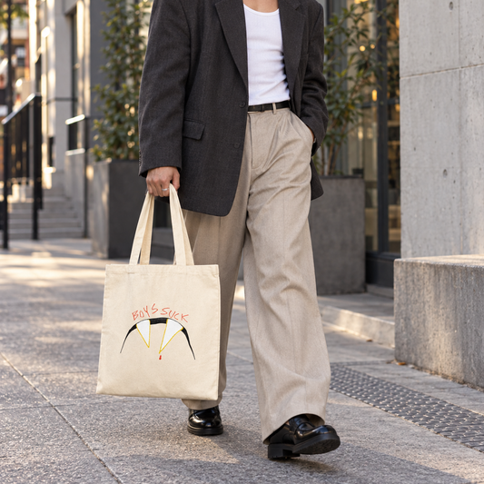 A man walking on a city sidewalk wearing a dark blazer, beige trousers, and a white t-shirt, while carrying a cream canvas tote bag with a graphic print and the text 'PARK & SACK'.