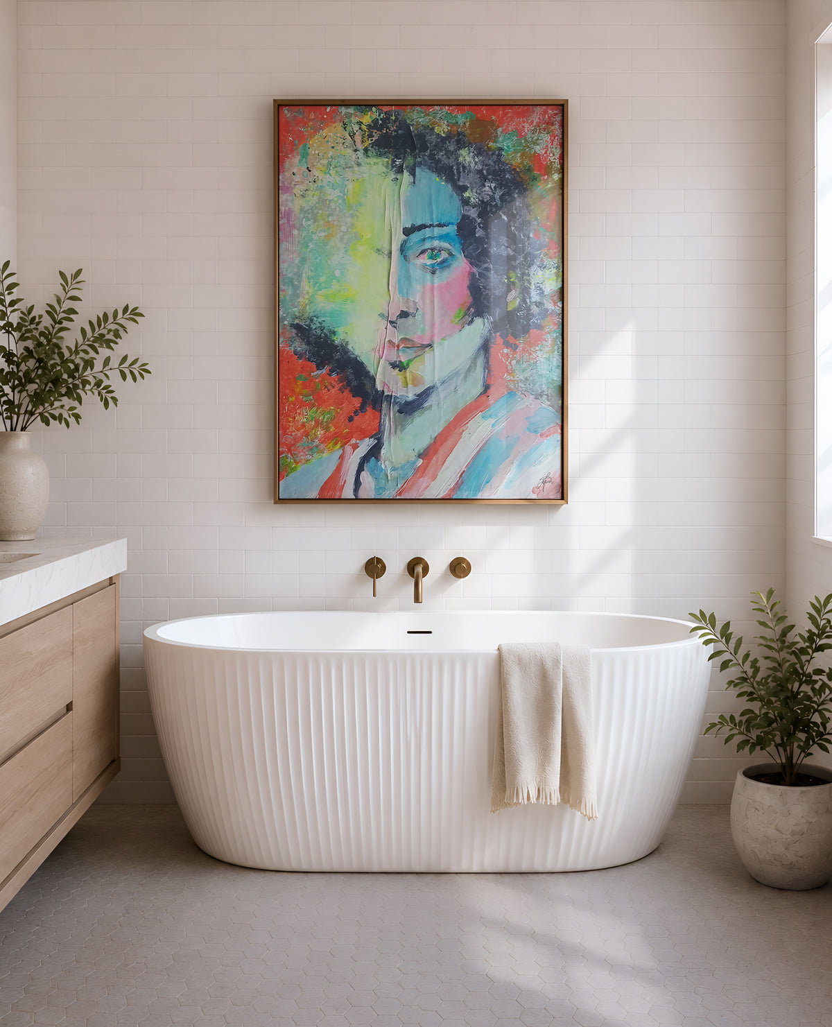 A modern freestanding bathtub in a bright bathroom, with a colorful framed portrait painting hanging on the wall above it. The tub is white with a ribbed exterior and a folded cream towel draped over one side.