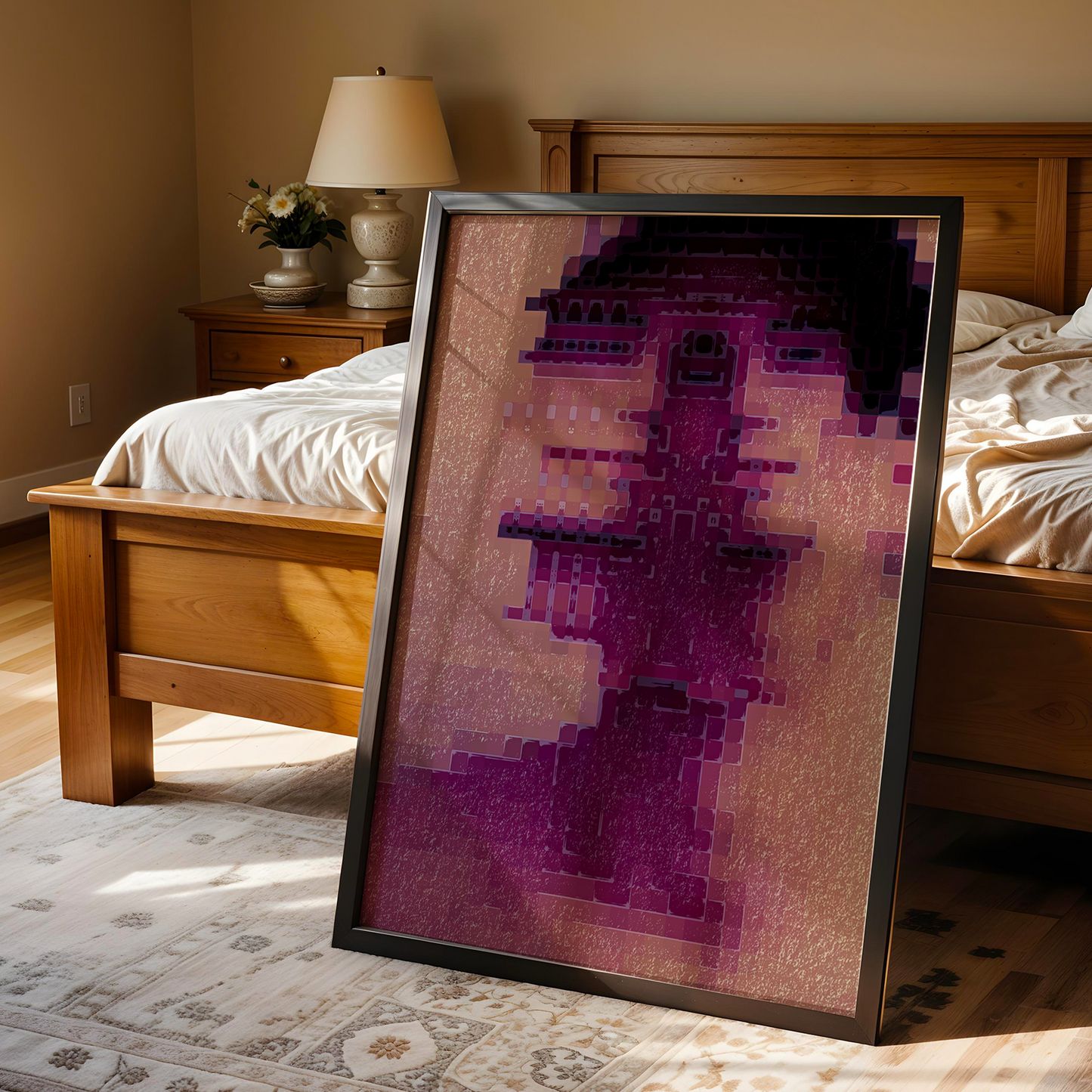 Framed abstract artwork in a bedroom setting