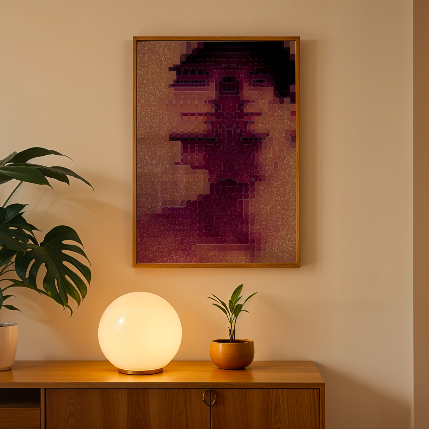 Room interior with a wooden cabinet, lamp, and plants against a beige wall with abstract art.