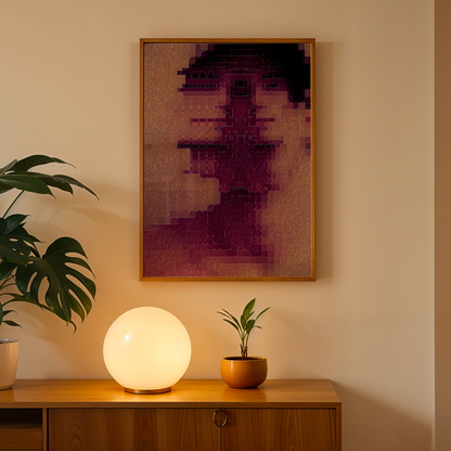 Room interior with a wooden cabinet, lamp, and plants against a beige wall with abstract art.