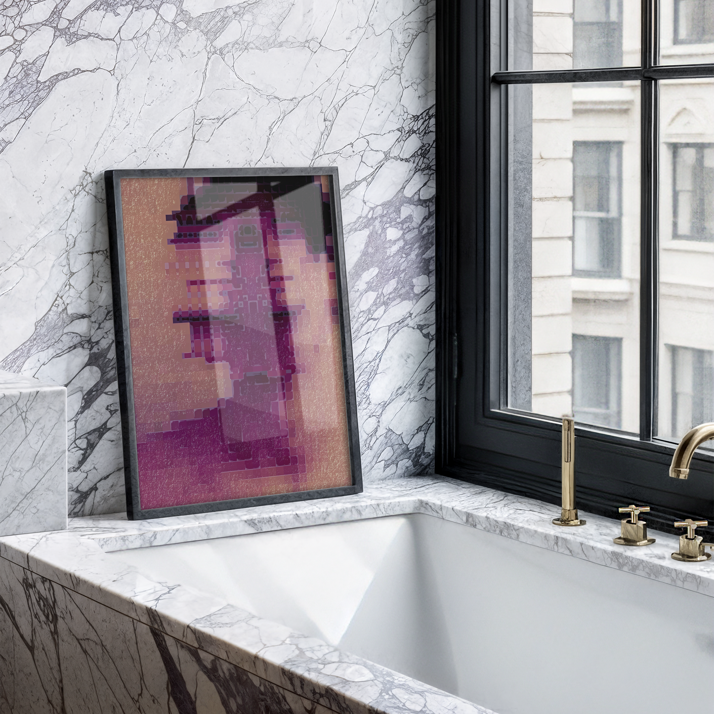 Bathroom with marble bathtub, framed abstract art, and cityscape view