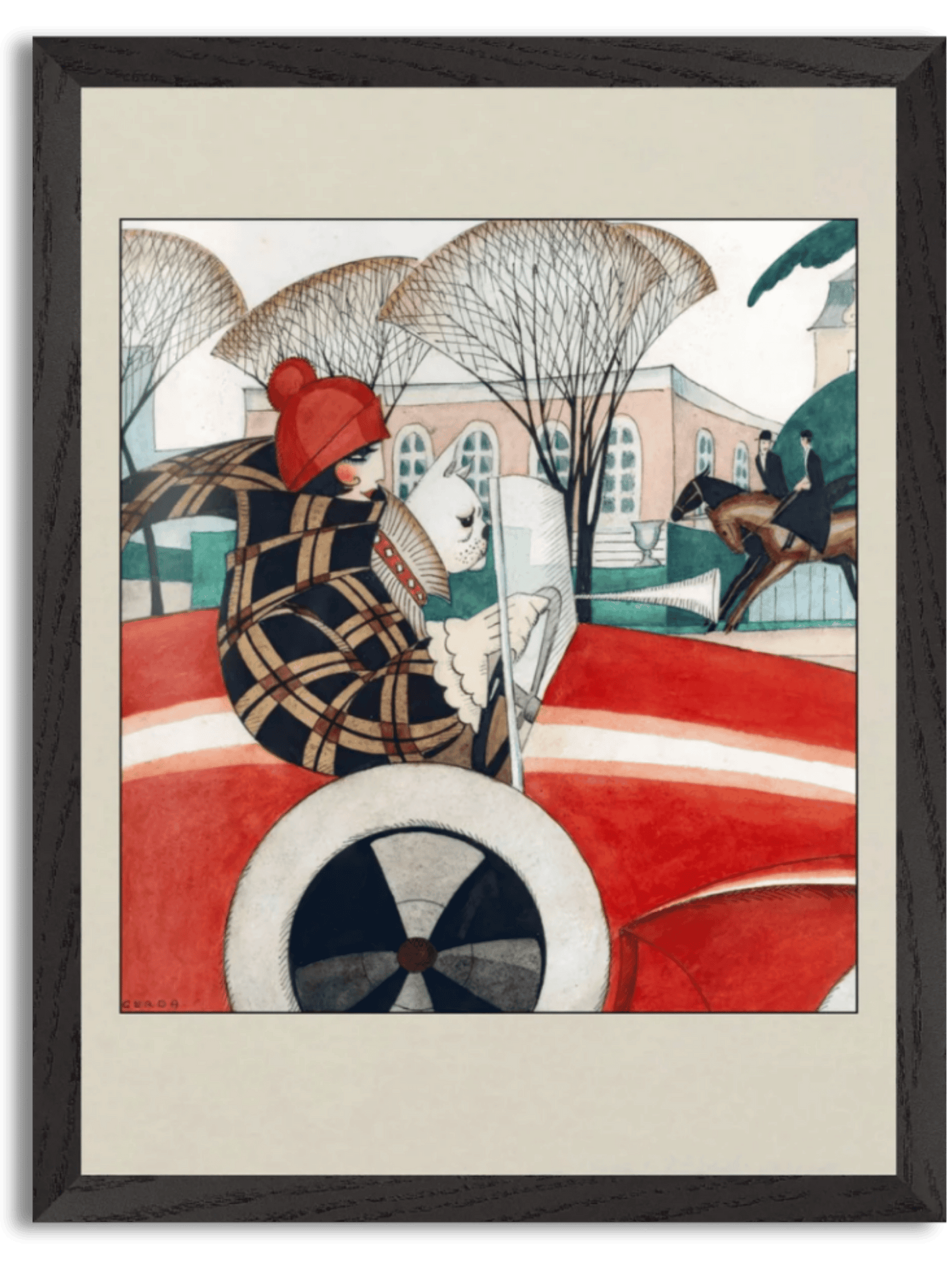Girl and pug in an Automobile (Vore Damer, 1927) by Gerda Wegener