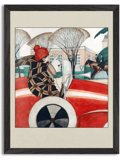 Girl and pug in an Automobile (Vore Damer, 1927) by Gerda Wegener
