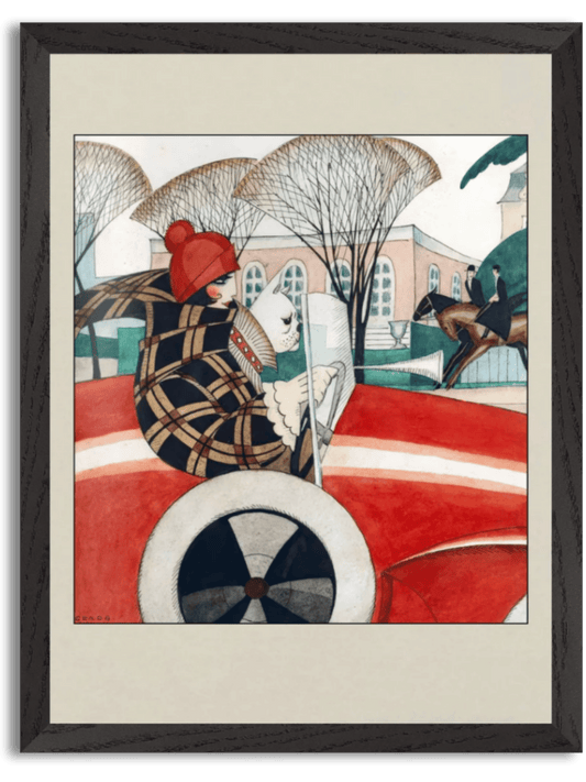 Girl and pug in an Automobile (Vore Damer, 1927) by Gerda Wegener