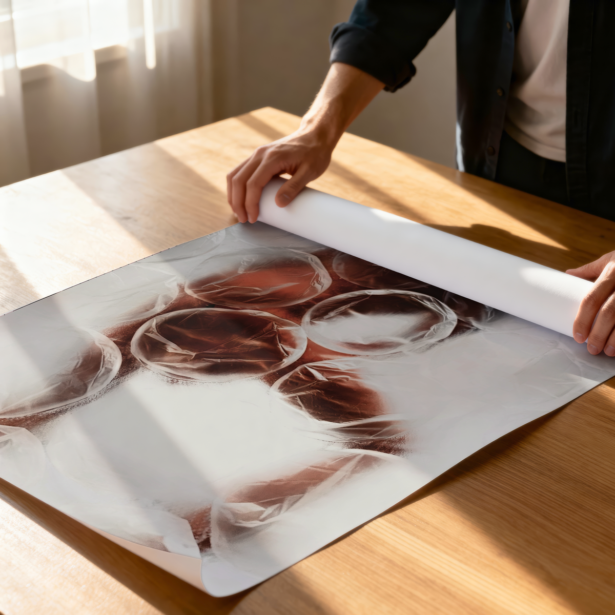 A person unrolls a large photographic wall art print or poster showing a close-up of red wine glasses, placed on a wooden table in a sunlit room.