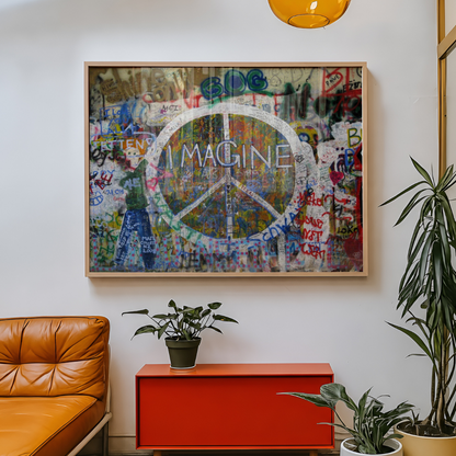 A framed abstract graffiti art print with a peace sign and the word 'IMAGINE' hangs on a white wall in a modern living room setting with an orange leather sofa, red sideboard, and potted plants.