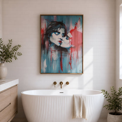 A modern freestanding bathtub in a bright bathroom, with a large framed abstract portrait painting hanging on the wall above it. The artwork features a woman's face with bold blue, red, black, and white brushstrokes.