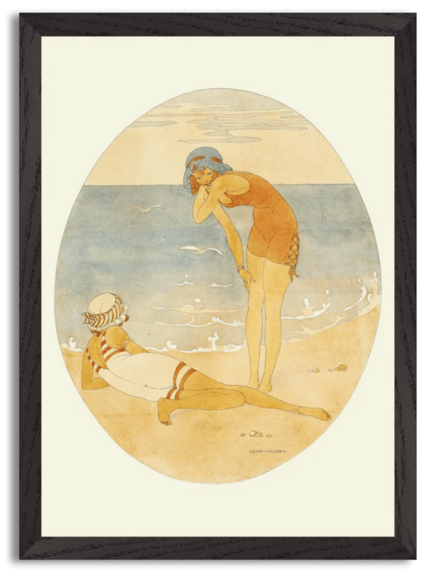 Two girls on the beach in red and white bathing suits (1917) by Gerda Wegener