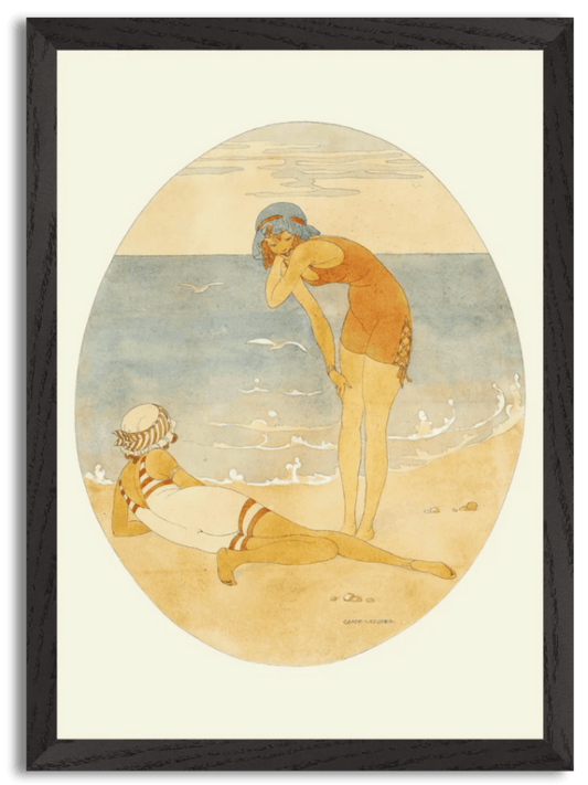 Two girls on the beach in red and white bathing suits (1917) by Gerda Wegener