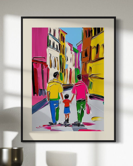 Gay Pride Art "Move Forward" | LGBTQ Family Artwork, Colourful Gay Couple with Child Print, Queer Wall Decor, Progress Pride Art