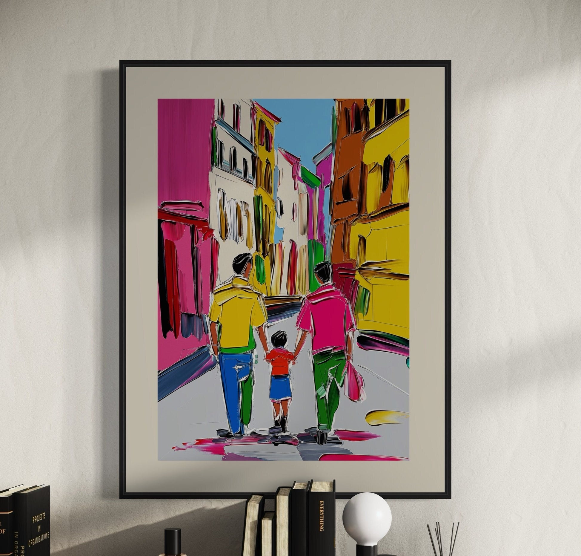 Gay Pride Art "Move Forward" | LGBTQ Family Artwork, Colourful Gay Couple with Child Print, Queer Wall Decor, Progress Pride Art