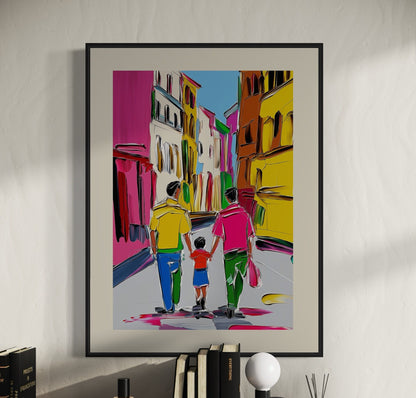 Gay Pride Art "Move Forward" | LGBTQ Family Artwork, Colourful Gay Couple with Child Print, Queer Wall Decor, Progress Pride Art