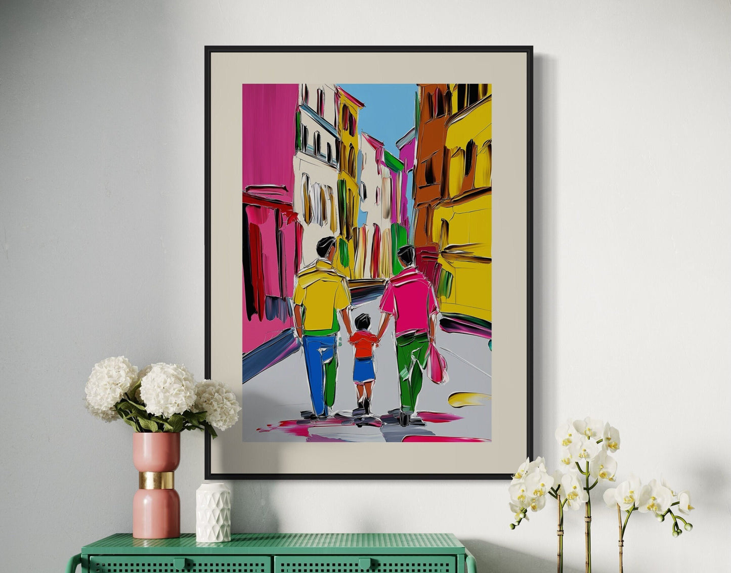 Gay Pride Art "Move Forward" | LGBTQ Family Artwork, Colourful Gay Couple with Child Print, Queer Wall Decor, Progress Pride Art