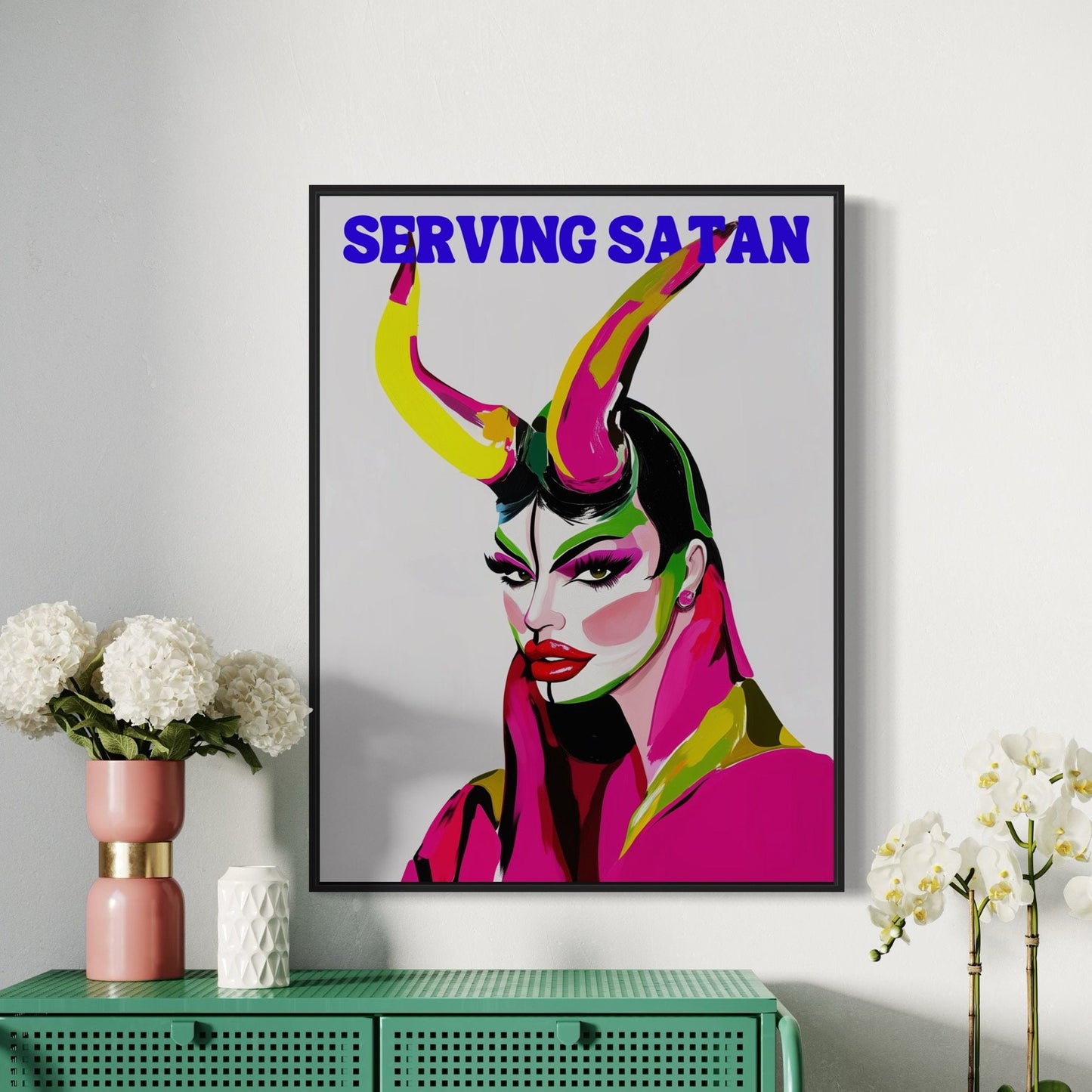 Serving Satan Drag Queen Artwork, Queer Art Print, Devil Horns, LGBTQ+ Wall Decor