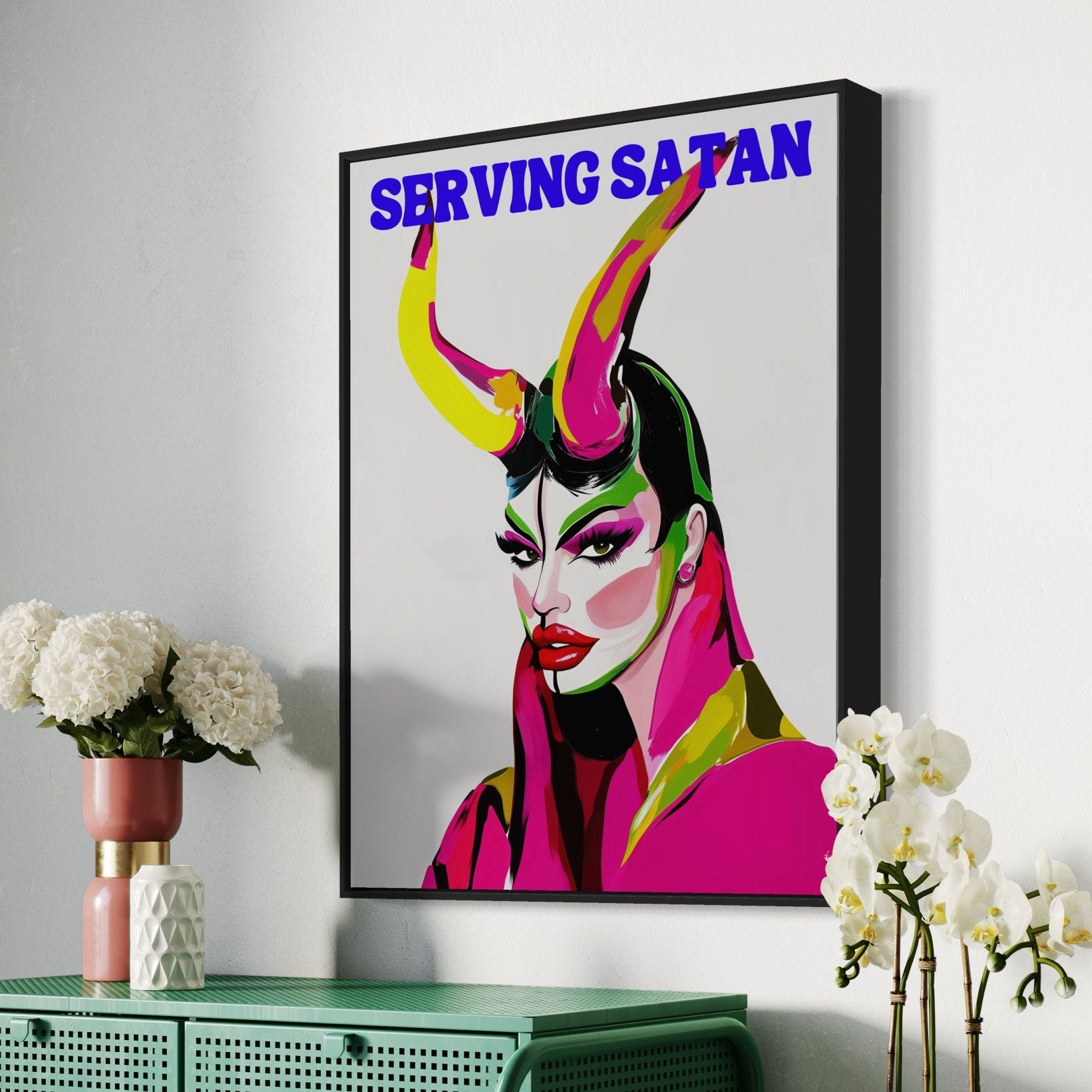 Serving Satan Drag Queen Artwork, Queer Art Print, Devil Horns, LGBTQ+ Wall Decor