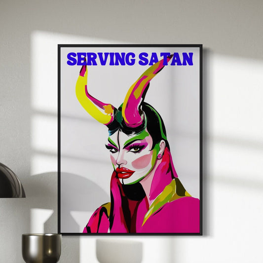Serving Satan Drag Queen Artwork, Queer Art Print, Devil Horns, LGBTQ+ Wall Decor