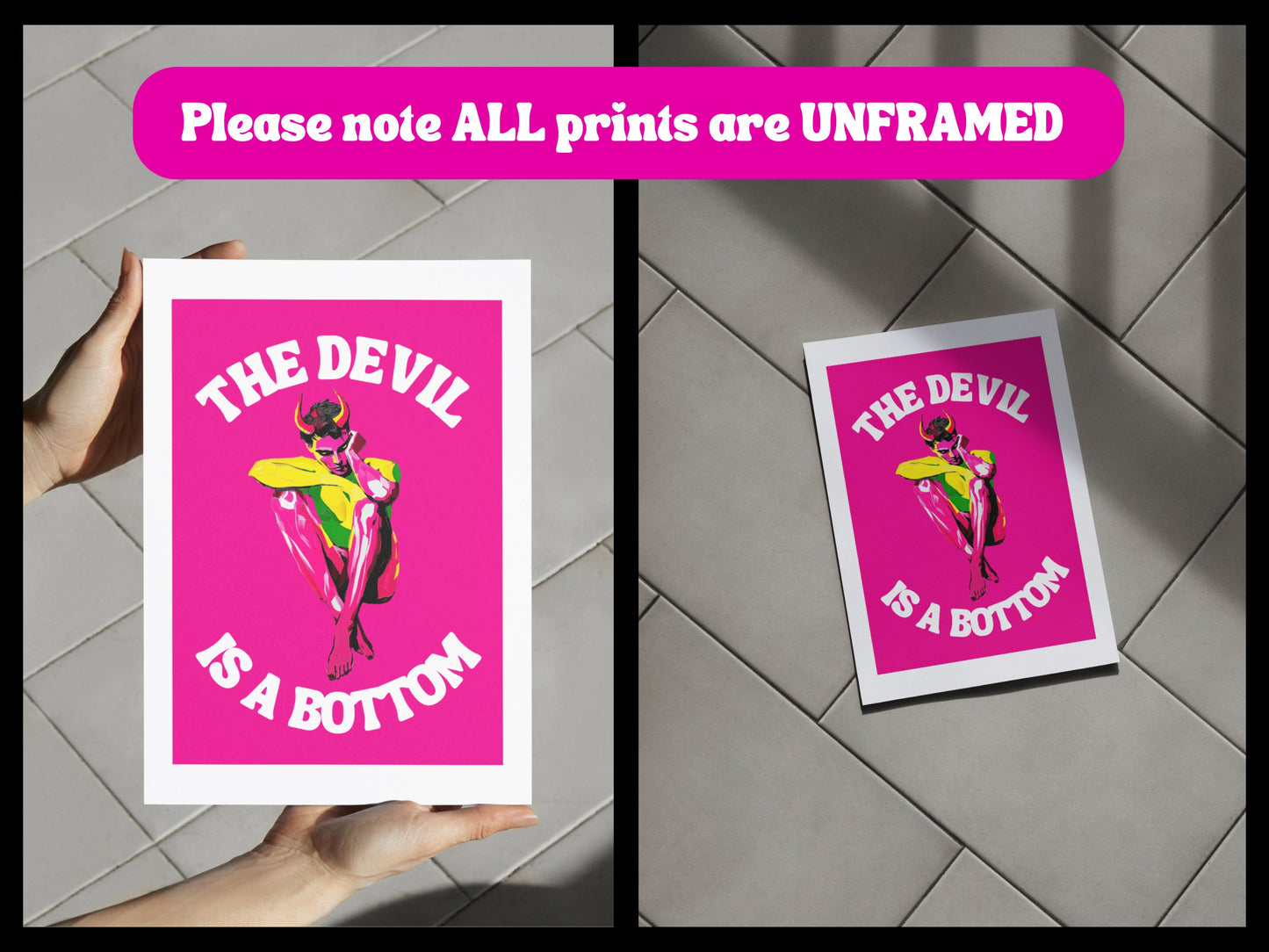 The Devil is a Bottom - Bold LGBTQ+ Art Print, Neon Pink Graphic Poster, Funny Gay Art Print
