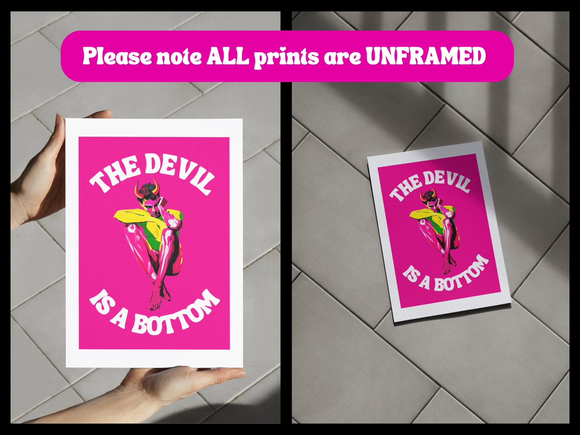 The Devil is a Bottom - Bold LGBTQ+ Art Print, Neon Pink Graphic Poster, Funny Gay Art Print
