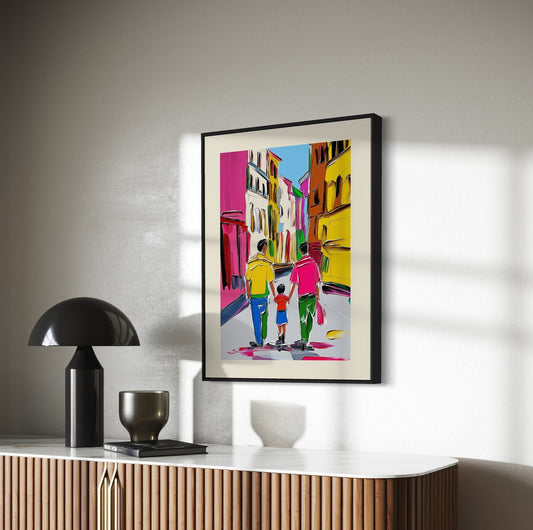 Gay Pride Art "Move Forward" | LGBTQ Family Artwork, Colourful Gay Couple with Child Print, Queer Wall Decor, Progress Pride Art