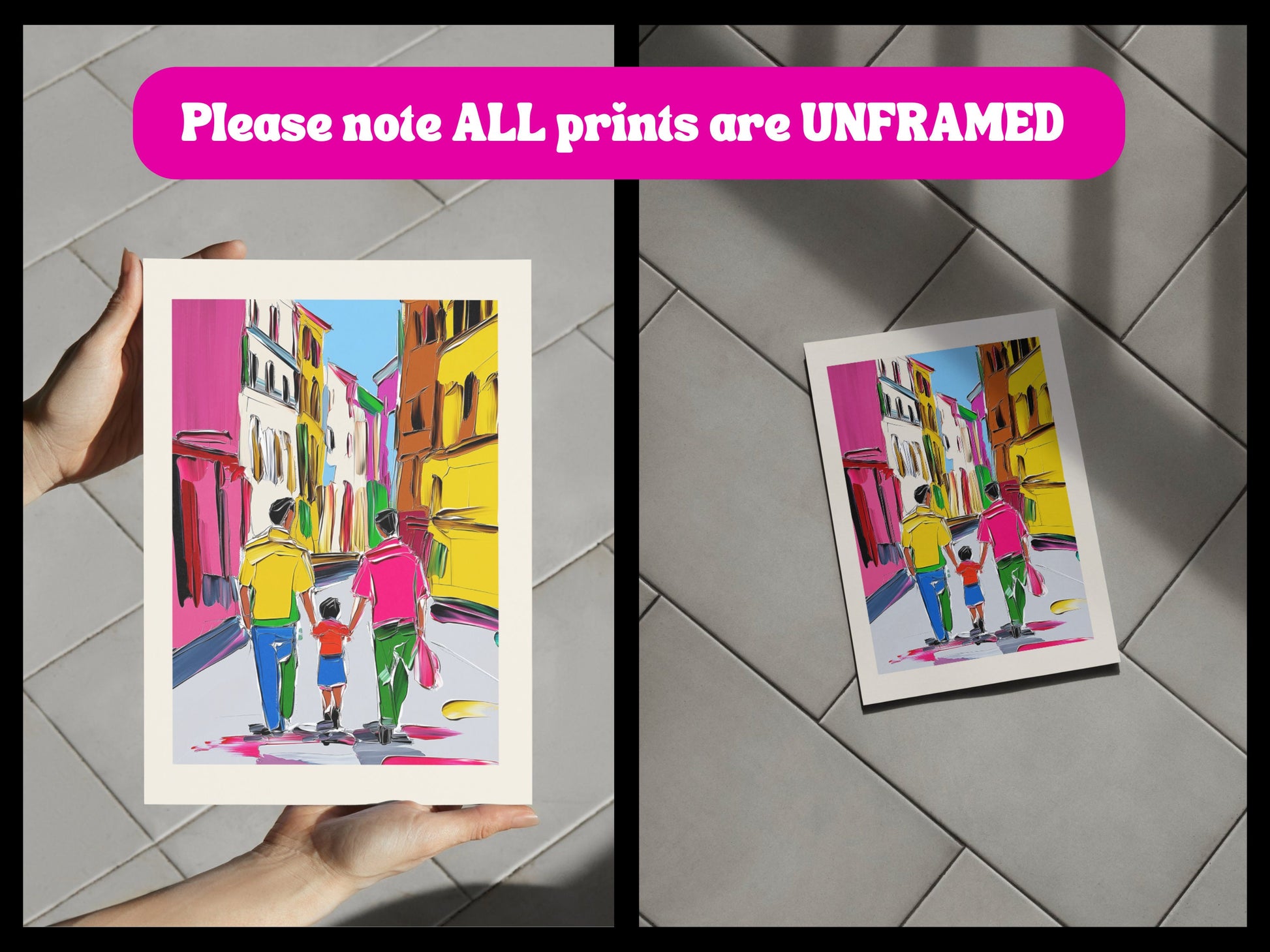 Gay Pride Art "Move Forward" | LGBTQ Family Artwork, Colourful Gay Couple with Child Print, Queer Wall Decor, Progress Pride Art