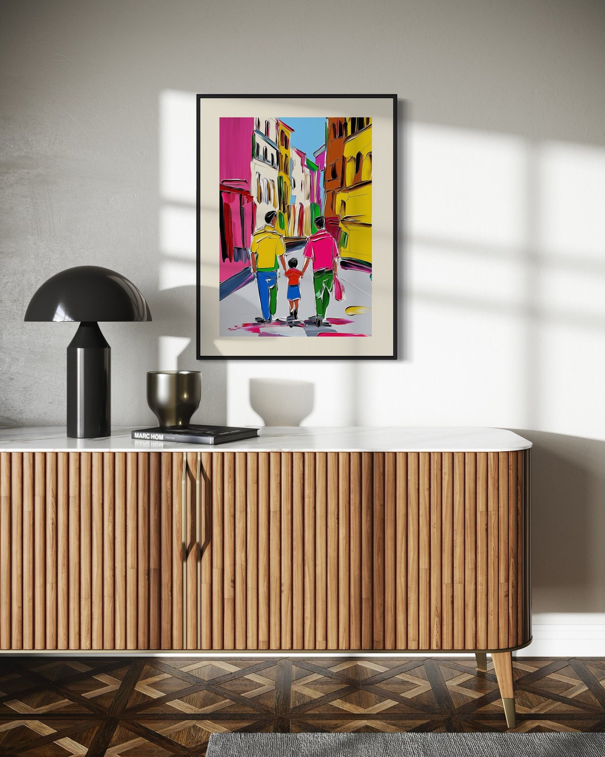 Gay Pride Art "Move Forward" | LGBTQ Family Artwork, Colourful Gay Couple with Child Print, Queer Wall Decor, Progress Pride Art