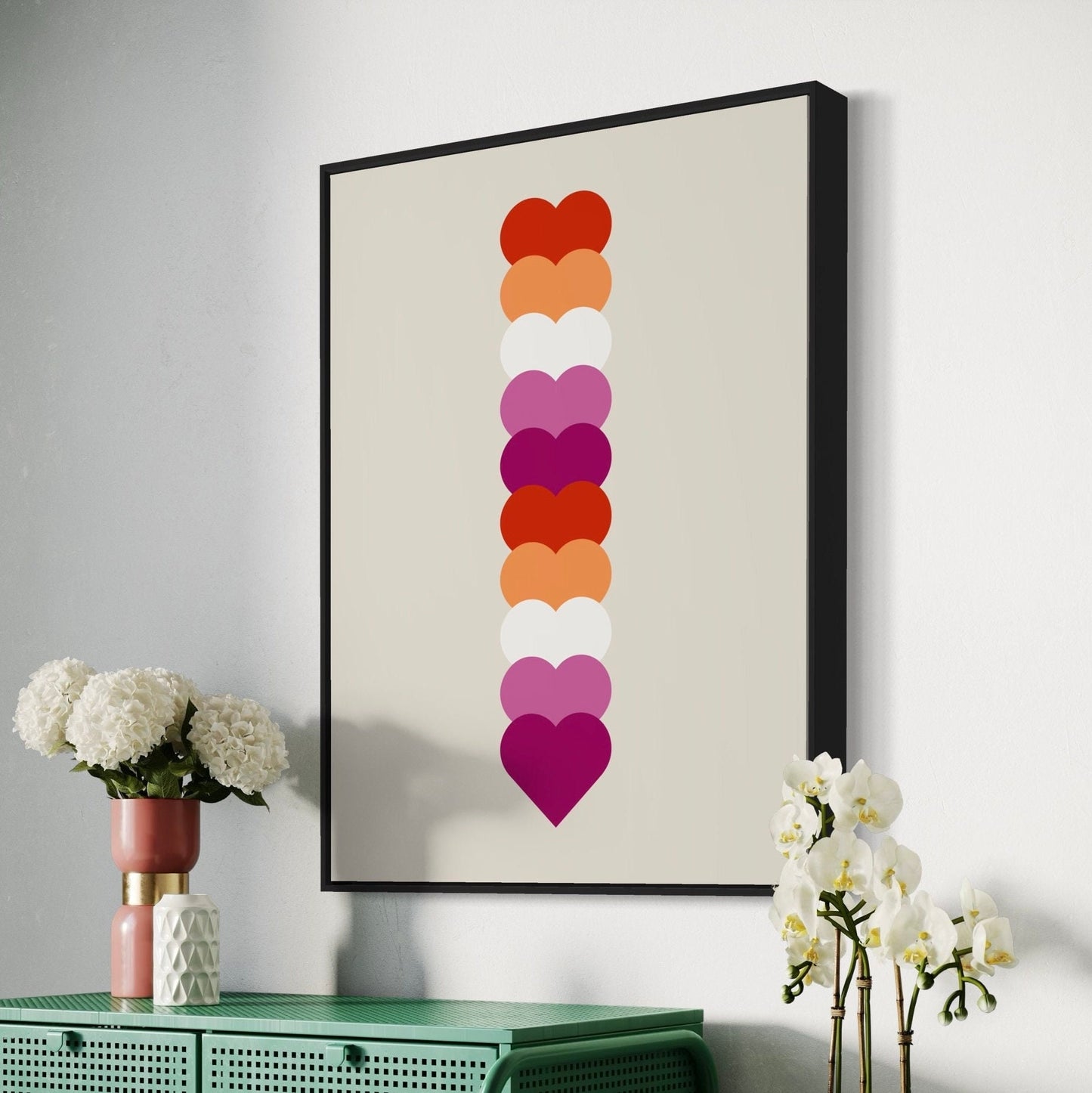 Lesbian Pride Art Print, Heart Stack Lesbian Flag Wall Art - LGBTQ Queer Decor for Pride Month