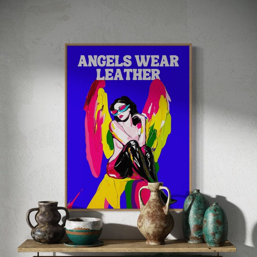 Angels Wear Leather | Bold LGBTQ Pride Print | Queer Satire Wall Art | Premium 200gsm Matte Paper | Unframed LGBTQ Decor for Home or Office
