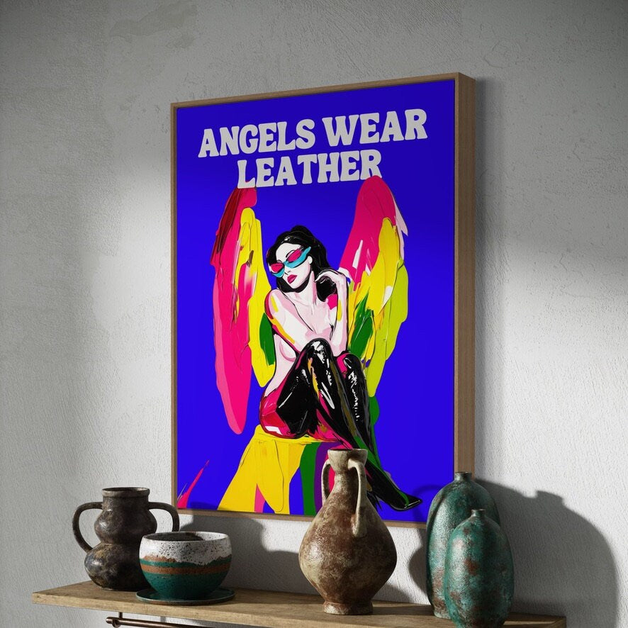Angels Wear Leather | Bold LGBTQ Pride Print | Queer Satire Wall Art | Premium 200gsm Matte Paper | Unframed LGBTQ Decor for Home or Office
