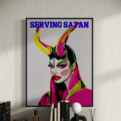 Serving Satan Drag Queen Artwork, Queer Art Print, Devil Horns, LGBTQ+ Wall Decor