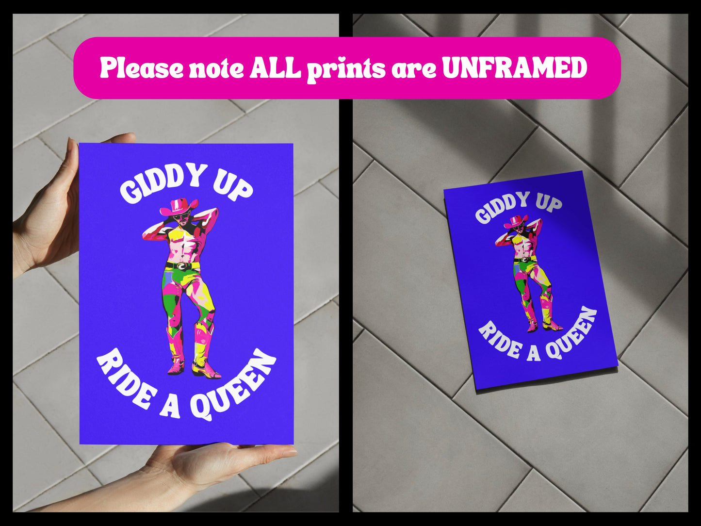 Giddy Up, Ride a Queen LGBTQ Cowboy Art Print | Bold Pride Poster | Colourful Queer Art | Unframed Premium Matte Paper Wall Decor