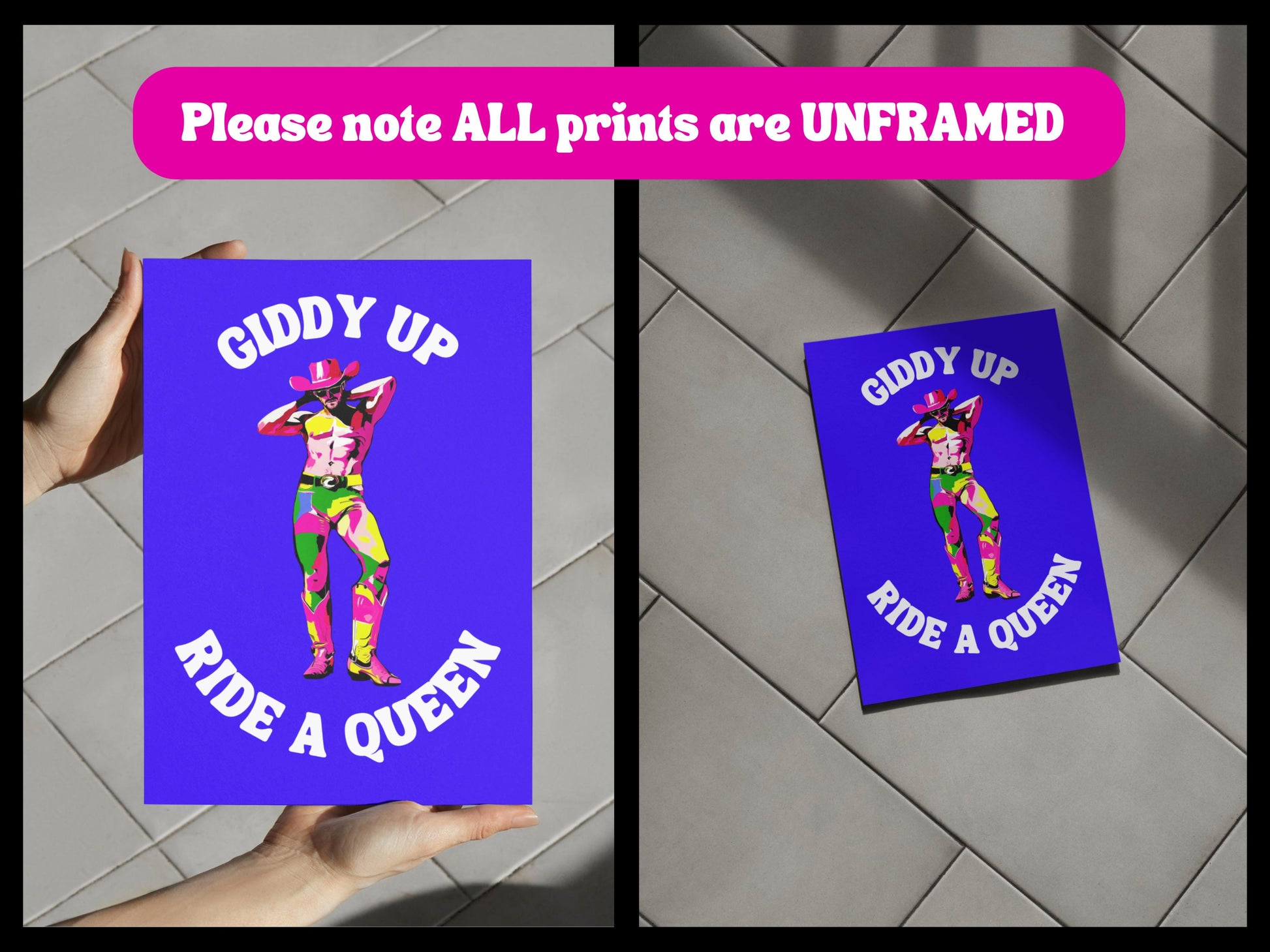 Giddy Up, Ride a Queen LGBTQ Cowboy Art Print | Bold Pride Poster | Colourful Queer Art | Unframed Premium Matte Paper Wall Decor