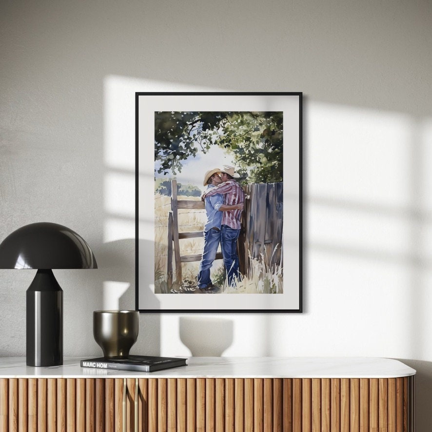 Afternoon Embrace: Cowboy kisses in the Heartland | LGBTQ Art Print | Premium 200gsm Unframed Print | Queer Cowboy Love | LGBTQ Home Decor