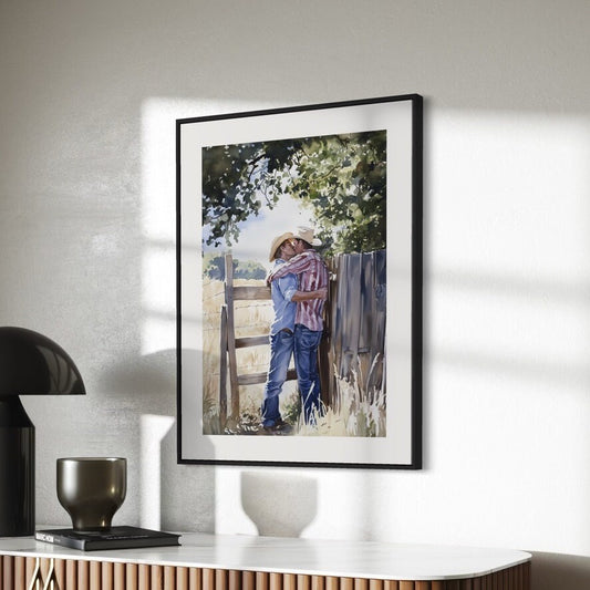 Afternoon Embrace: Cowboy kisses in the Heartland | LGBTQ Art Print | Premium 200gsm Unframed Print | Queer Cowboy Love | LGBTQ Home Decor