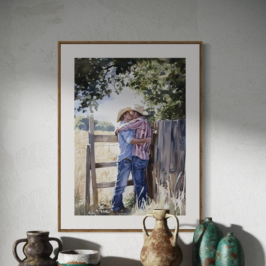 Afternoon Embrace: Cowboy kisses in the Heartland | LGBTQ Art Print | Premium 200gsm Unframed Print | Queer Cowboy Love | LGBTQ Home Decor