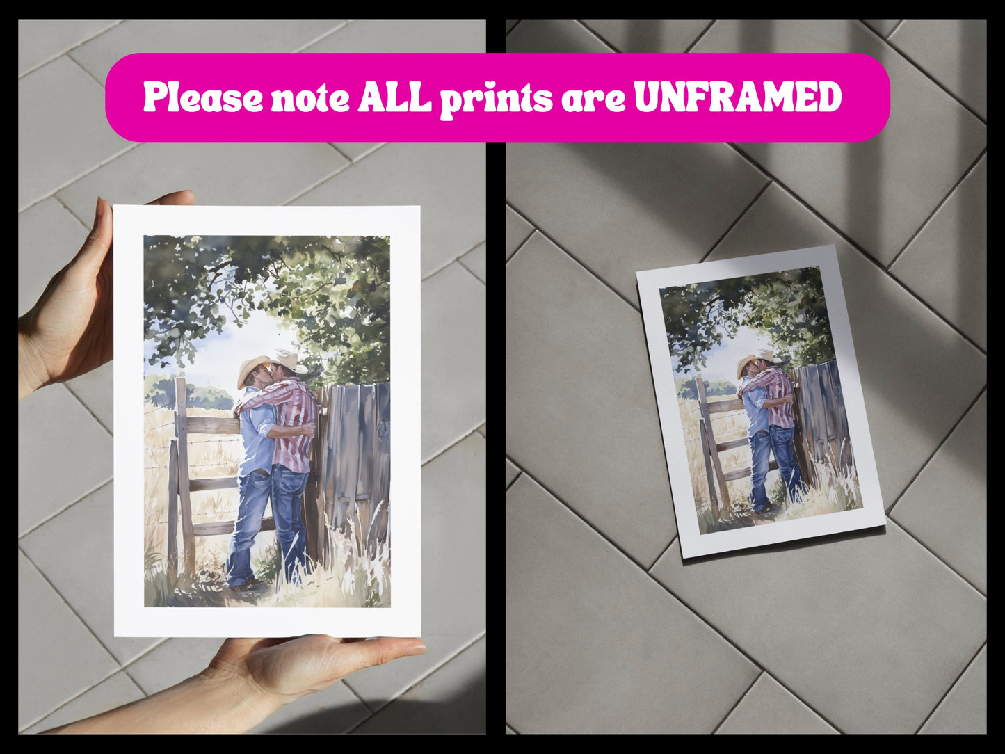 Afternoon Embrace: Cowboy kisses in the Heartland | LGBTQ Art Print | Premium 200gsm Unframed Print | Queer Cowboy Love | LGBTQ Home Decor