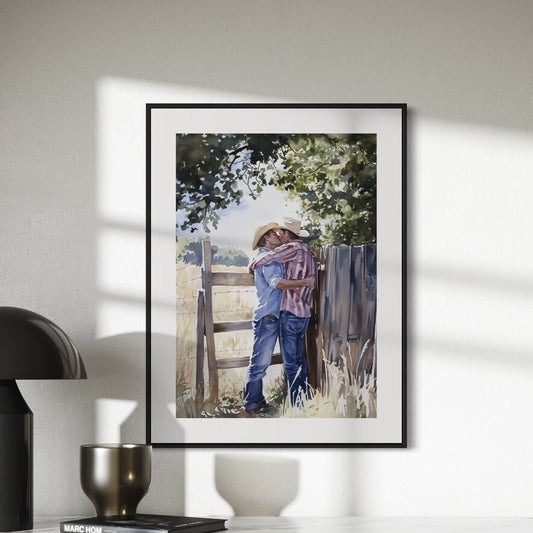 Afternoon Embrace: Cowboy kisses in the Heartland | LGBTQ Art Print | Premium 200gsm Unframed Print | Queer Cowboy Love | LGBTQ Home Decor