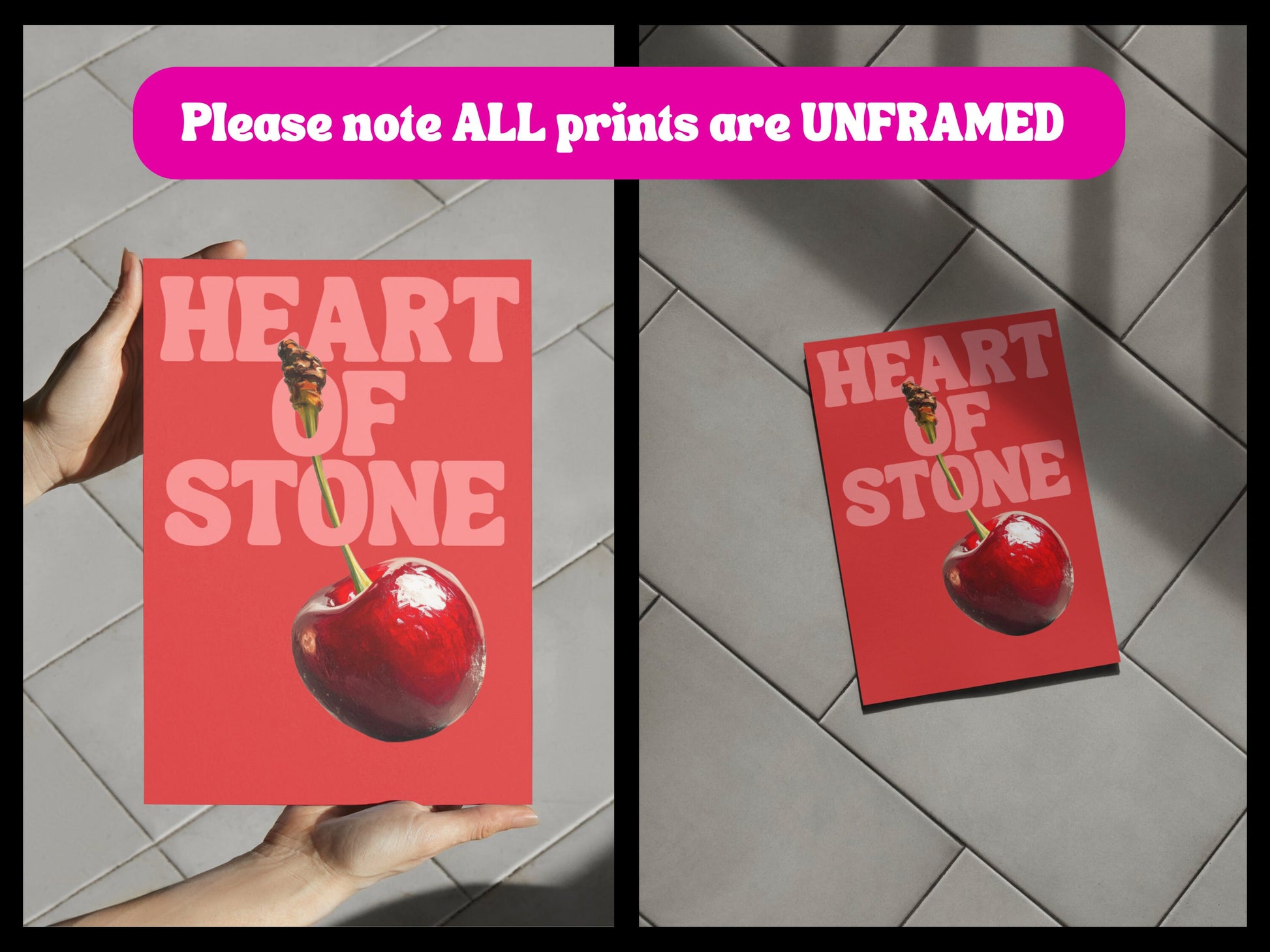Heart of Stone, Bold Cherry-Themed Art Print, Playful and Vibrant Wall Decor for Your Home - Printed on Premium 200gsm Matte Paper, Unframed