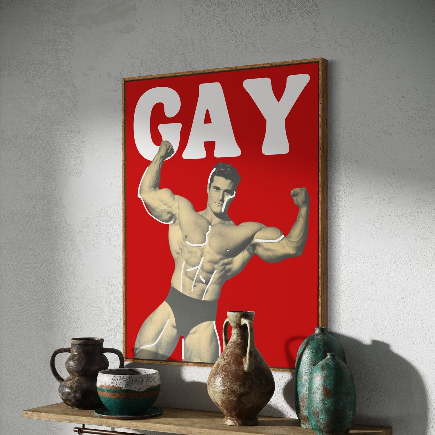 Strength in Pride – Bold Art Challenging Masculine Stereotypes. Celebrate Queer Strength with a Playful Art Print on Premium 200gsm Paper.