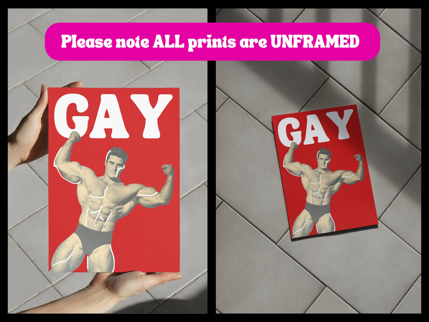 Strength in Pride – Bold Art Challenging Masculine Stereotypes. Celebrate Queer Strength with a Playful Art Print on Premium 200gsm Paper.