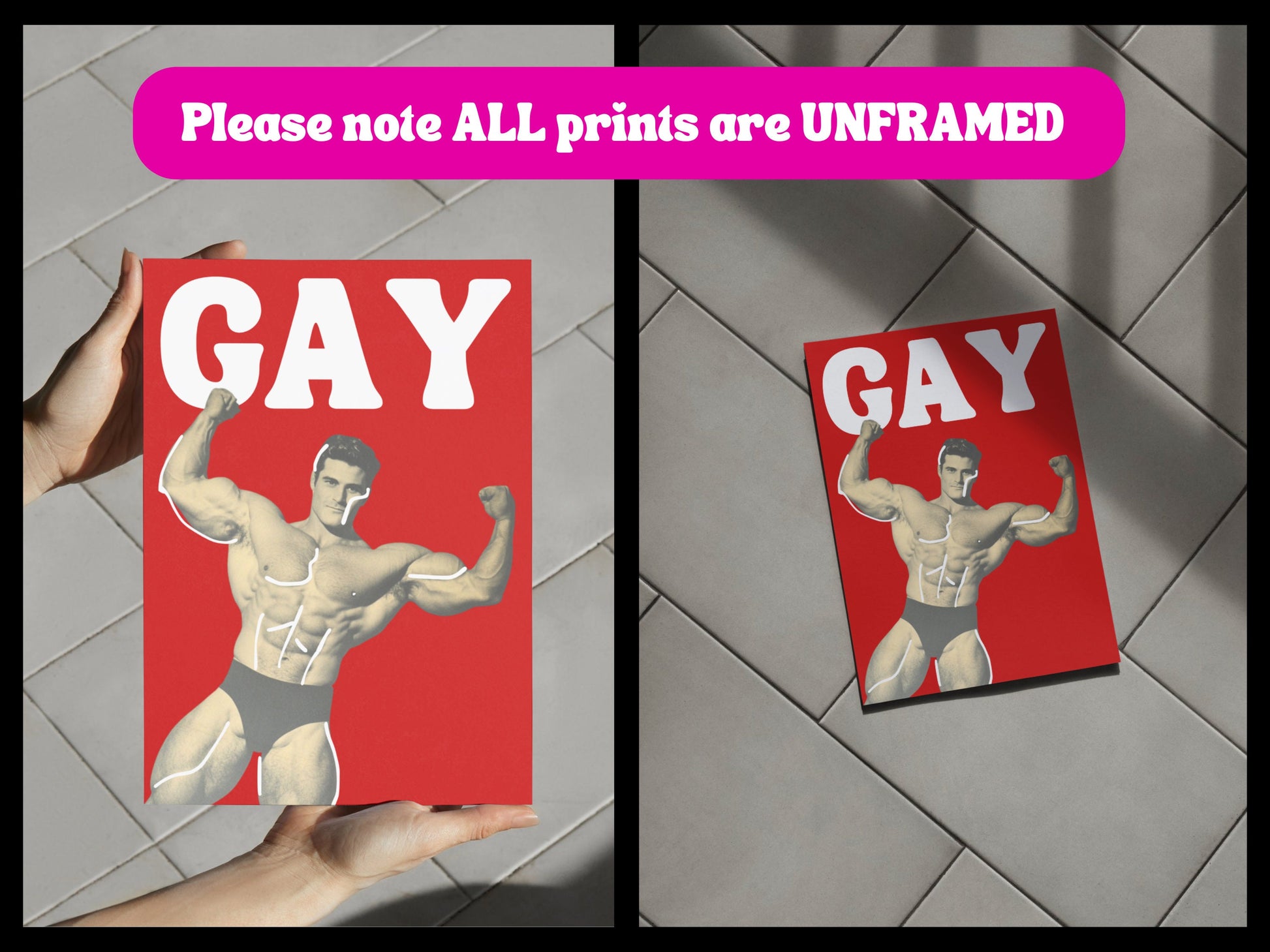 Strength in Pride – Bold Art Challenging Masculine Stereotypes. Celebrate Queer Strength with a Playful Art Print on Premium 200gsm Paper.