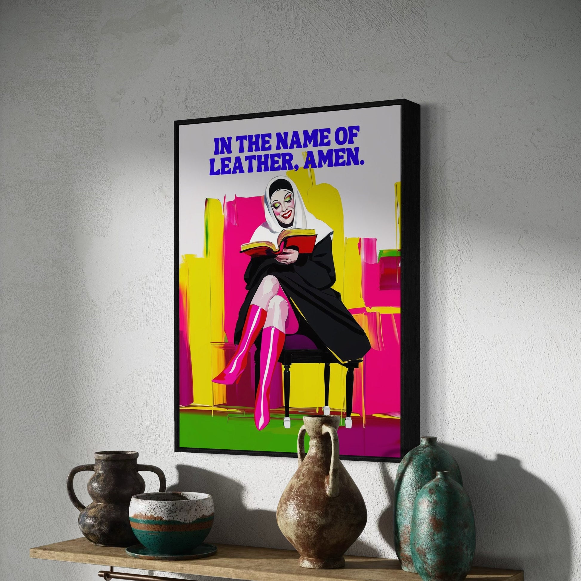 In the Name of Leather, Amen - Bold Queer Satirical Art Print | 200gsm Premium Matte Paper | LGBTQ+ Wall Art Celebrating Identity & Humour
