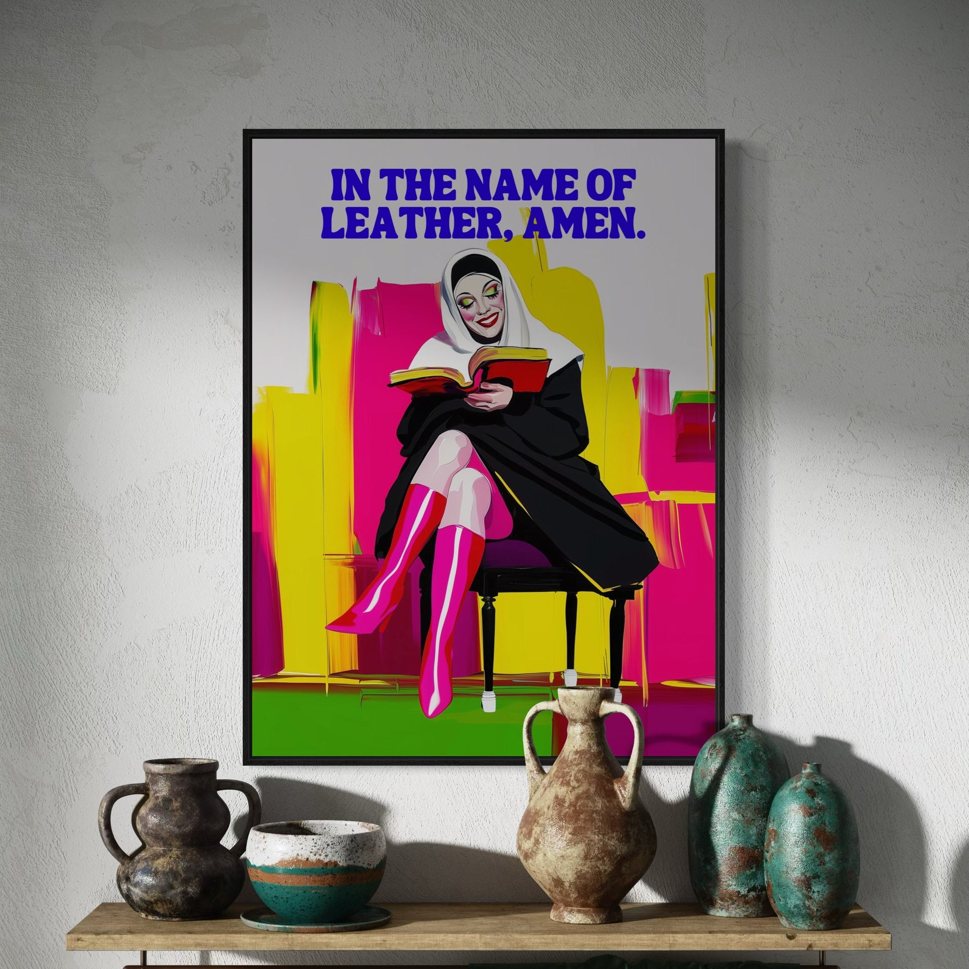 In the Name of Leather, Amen - Bold Queer Satirical Art Print | 200gsm Premium Matte Paper | LGBTQ+ Wall Art Celebrating Identity & Humour